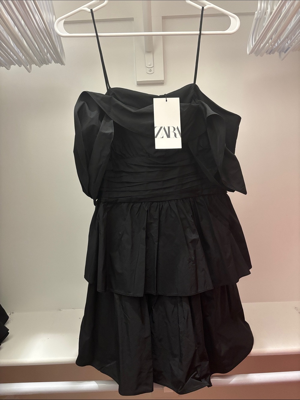 Zara Black Ruffled Tiered Spaghetti-Strap Dress